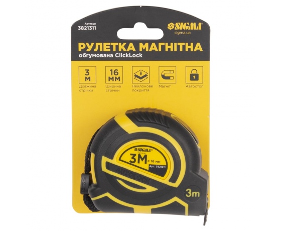 Фото 9 - Рулетка магнитная обрезиненная ClickLock нейлоновое покрытие автостоп 3м×16мм SIGMA (3821311)