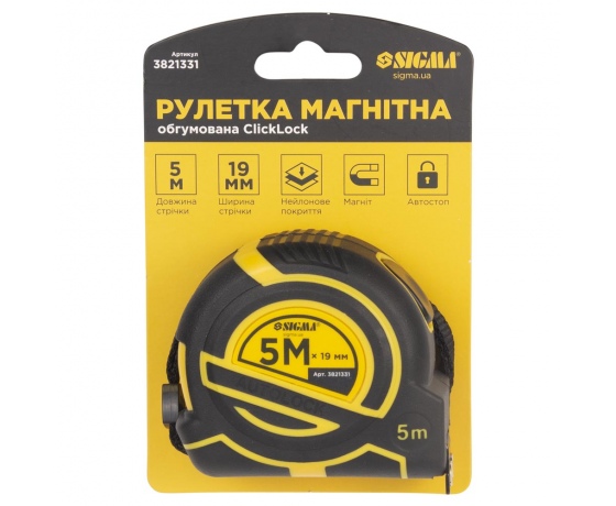 Фото 9 - Рулетка магнитная обрезиненная ClickLock нейлоновое покрытие автостоп 5м×19мм SIGMA (3821331)