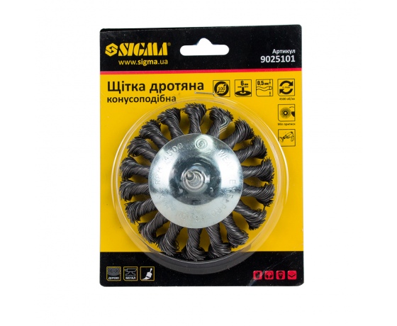 Фото 3 - Щетка проволочная конусообразная Ø100мм хвостовик Ø6мм (стальная витая) SIGMA (9025101)