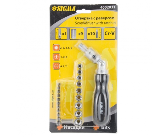Фото 9 - Отвертка с реверсом + насадки и биты SIGMA (4002031)