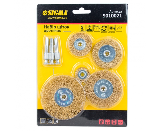 Фото 3 - Набор щеток проволочных 5шт Ø25; 38; 50 ;65; 75мм хвостовик Ø6мм (латунированная) SIGMA (9010021)