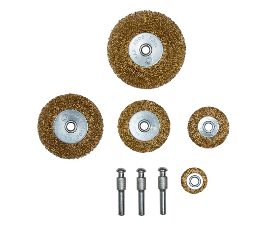 Фото 2 - Набор щеток проволочных 5шт Ø25; 38; 50 ;65; 75мм хвостовик Ø6мм (латунированная) SIGMA (9010021)