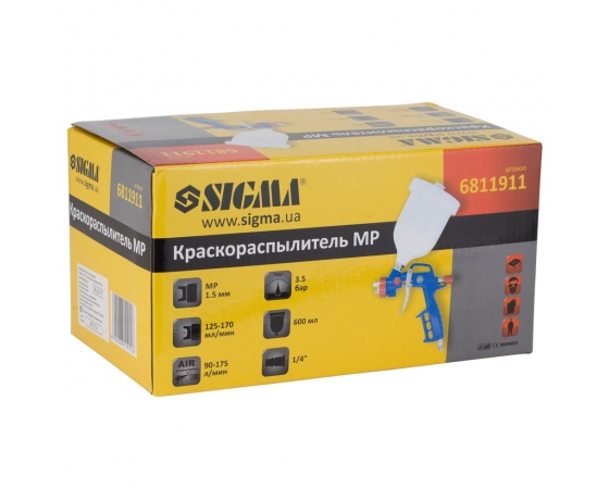Фото 8 - Краскораспылитель MP Ø1.5мм 175л/мин 3.5бар в/б 600мл (пласт) SIGMA (6811911)