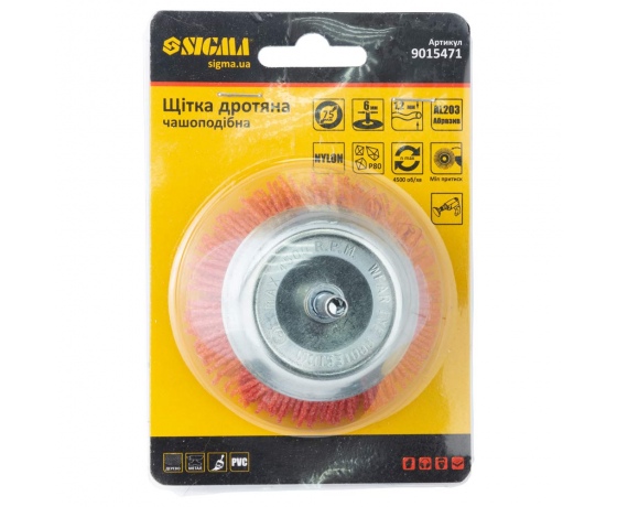 Фото 4 - Щетка проволочная чашеобразная Ø75мм хвостовик Ø6мм (нейлоновая) SIGMA (9015471)