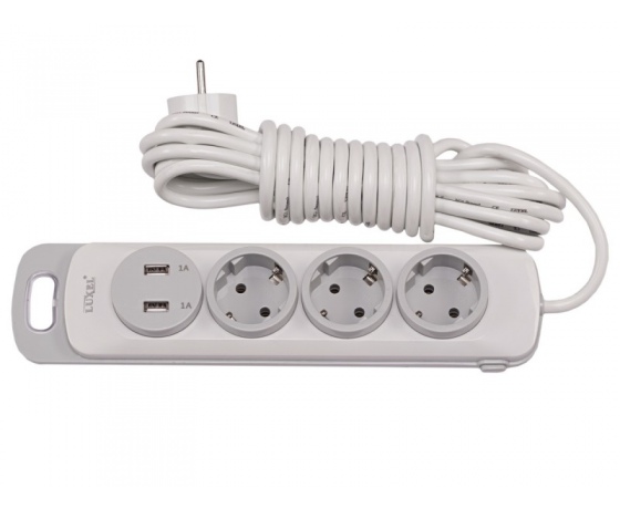 Фото 2 - Сетевой удлинитель Luxel Nota 3 розетки 5М с заземлением и выключателем +2 USB гнезда(4335)