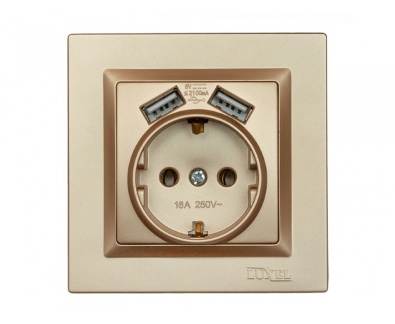 Фото 2 - Розетка с заземлением и двумя usb портами 2,1A Luxel JAZZ (9630) Бронзовая