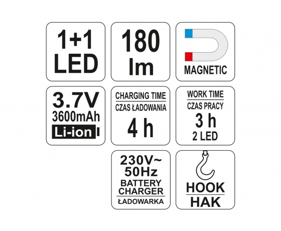 Фото 4 - Світильник акумуляторний YATO Li-Ion 3.7 В 2 LED x 180 лм + зарядний пристрій