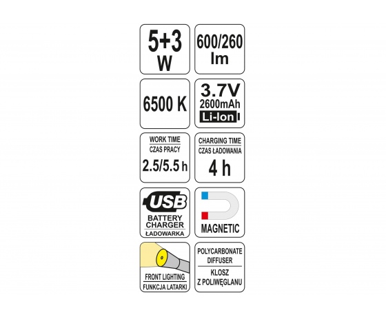 Фото 4 - Лампа світлодіодна акумуляторна YATO Li-Ion 3.7 В 5/3 Вт 600/260 лм