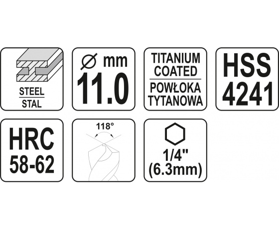 Фото 3 - Свердло фрезерувальне по металу YATO HSS-TIN 11 x 110 мм HEX - 1/4