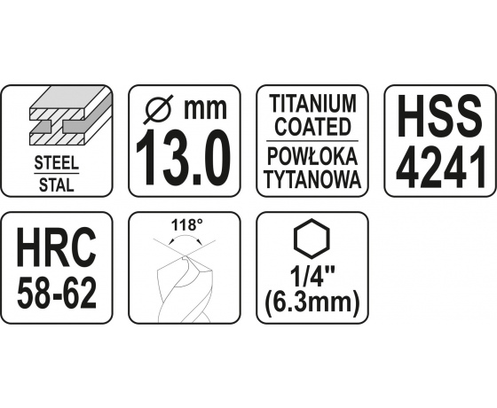 Фото 3 - Свердло фрезерувальне по металу YATO HSS-TIN 13 x 120 мм HEX - 1/4