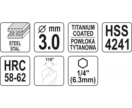 Фото 3 - Свердло фрезерувальне по металу YATO HSS-TIN 3 x 70 мм HEX - 1/4