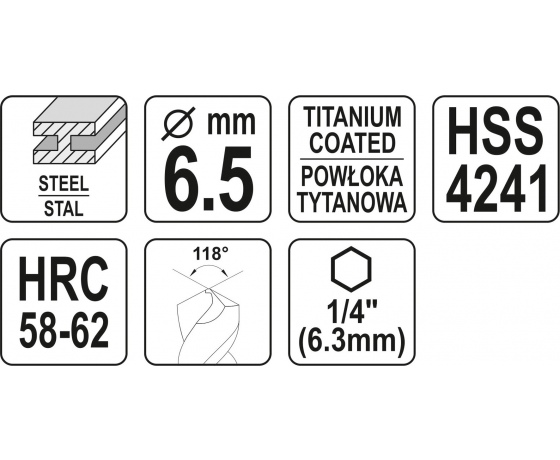 Фото 3 - Свердло фрезерувальне по металу YATO HSS-TIN 6.5 x 89 мм HEX - 1/4