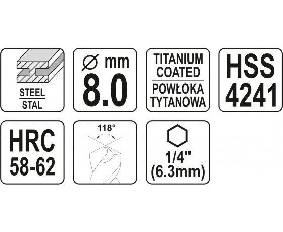 Фото 3 - Свердло фрезерувальне по металу YATO HSS-TIN 8 x 99 мм HEX - 1/4
