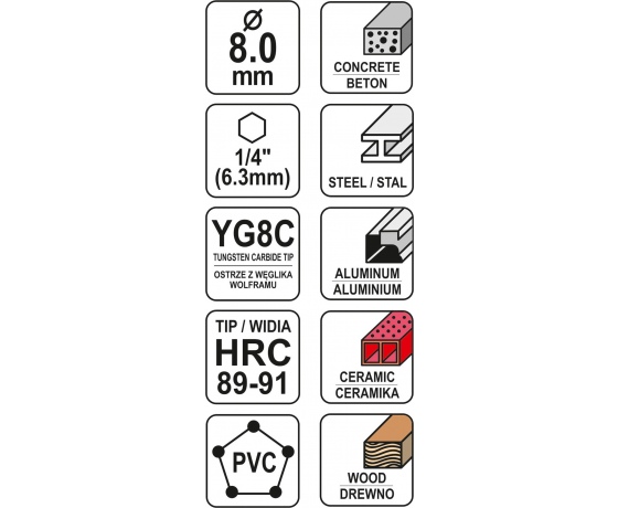 Фото 3 - Свердло універсальне YATO YG6X 8 x 100/45 мм HEX-1/4
