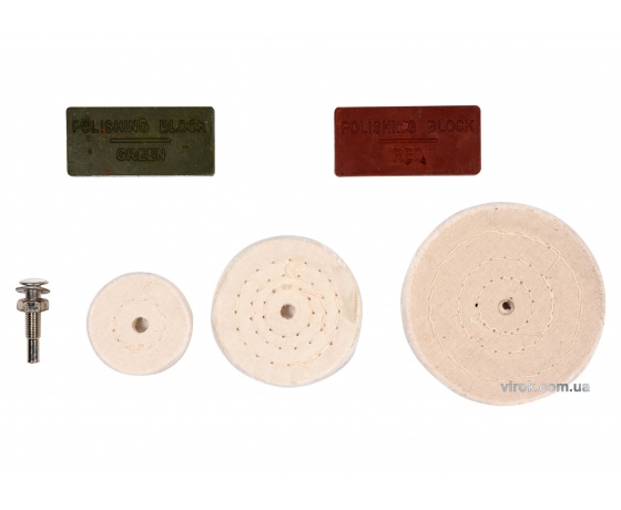 Фото 2 - Полірувальний набір VOREL 3 диски 50/75/100 мм штифт-тримач 6 мм + 2 види мастики