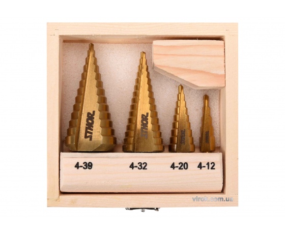 Фото 2 - Свердла конічні ступінчасті по металу STHOR 4-39 мм HSS 4241 4 шт в дерев'яному футлярі