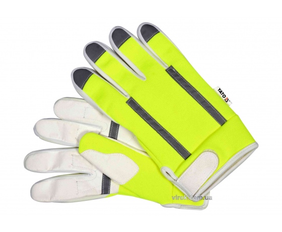 Фото 2 - Рукавиці робочі біло-жовті з світловідбиваючою нейлоновою тканиною YATO екошкіра розмір 10