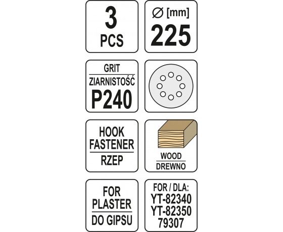 Фото 3 - Круг шліфувальний з наждачного паперу з липучкою YATO 225 мм Р240 до YT-82340 і YT-82350 3 шт