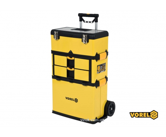 Фото 2 - Ящик для інструментів на 2 колесах пластиковий VOREL 3 секції 57 х 37 х 84.5 см з телескопічною ручкою 58-98 см