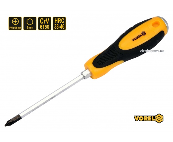 Фото 2 - Викрутка хрестова ударна з шестигранним стержнем VOREL PH1 х 100 мм HRC 38-46 Cr-V