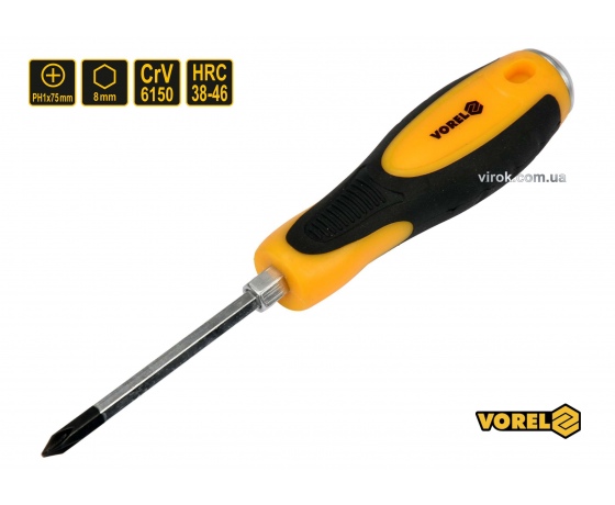 Фото 2 - Викрутка хрестова ударна з шестигранним стержнем VOREL PH1 х 75 мм HRC 38-46 Cr-V