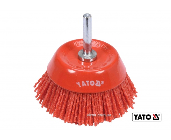 Фото 2 - Щітка чашка зачисна з нейлоновим ворсом до дрилі YATO Ø75 мм 4500 об/хв зі шпинделем Ø6 мм
