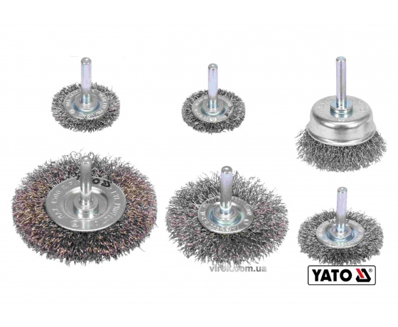 Фото 2 - Щітки зачисні з нержавіючої сталі YATO Ø37/50/62/75 мм 4500 об/хв зі шпинделем Ø6 мм 6 шт