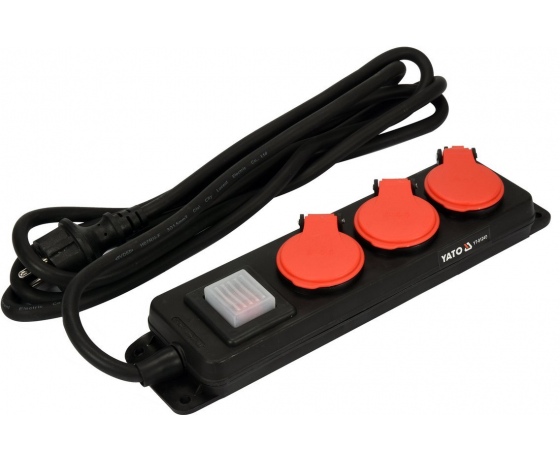 Фото 2 - Подовжувач ел.-мережевий YATO: l= 3 м, колодка з 3 гніздами і вмик, 3-жильний Ø=1,5 мм², з заземл