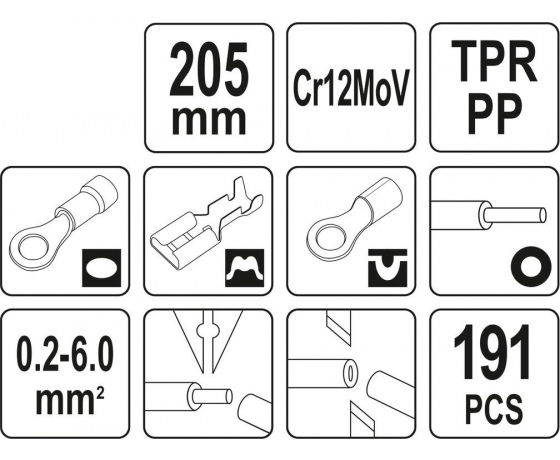 Фото 6 - Кліщі для обтискання і зачистки проводів YATO. L=205 мм, 0,2- 6 мм², з наконечниками, 191 елем.