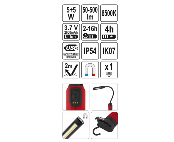 Фото 10 - Лампа світлодіодна для майстерні YATO; 3.7 В акумулят. Li-Ion, 2 режими, зарядний USB пристрій