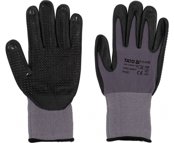 Фото 3 - Рукавиці робочі нейлонові YATO покрите спіненим нітрилом з накрапленням, розмір 10, чорнр-сірі