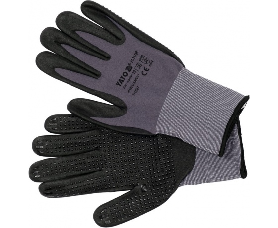 Фото 2 - Рукавиці робочі нейлонові YATO покрите спіненим нітрилом з накрапленням, розмір 10, чорнр-сірі