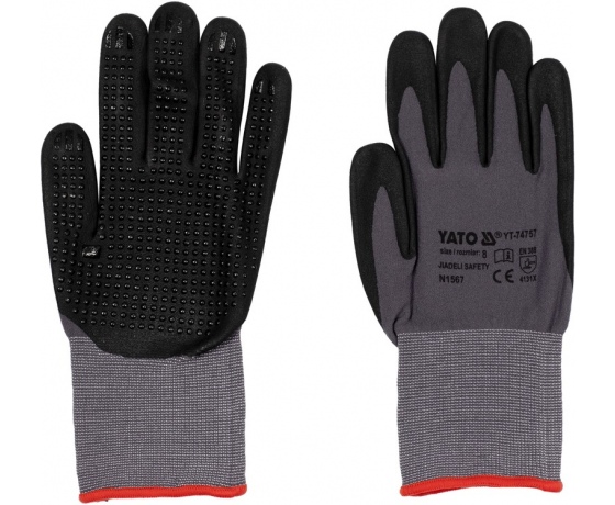 Фото 5 - Рукавиці робочі нейлонові YATO покрите спіненим нітрилом з накрапленням, розмір 8, чорнр-сірі