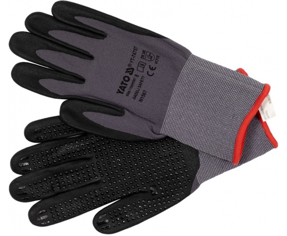 Фото 2 - Рукавиці робочі нейлонові YATO покрите спіненим нітрилом з накрапленням, розмір 8, чорнр-сірі