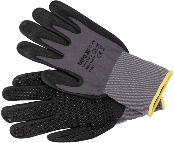 Фото 3 - Рукавиці робочі нейлонові YATO покрите спіненим нітрилом з накрапленням, розмір 9, чорнр-сірі