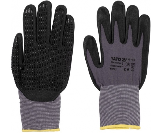 Фото 2 - Рукавиці робочі нейлонові YATO покрите спіненим нітрилом з накрапленням, розмір 9, чорнр-сірі