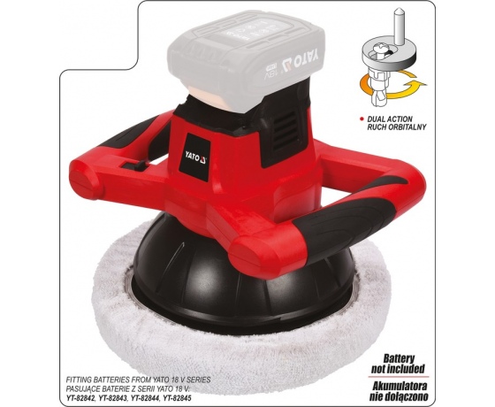 Фото 8 - Полірувальна машина акумуляторна YATO: Li-Ion 18 В, (без акумулятора) 2500 об/хв, диск Ø= 250 мм