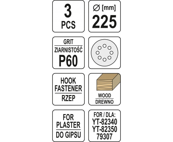 Фото 3 - Круг шліфувальний з наждачного паперу з липучкою YATO 225 мм Р60 до YT-82340 і YT-82350 3 шт