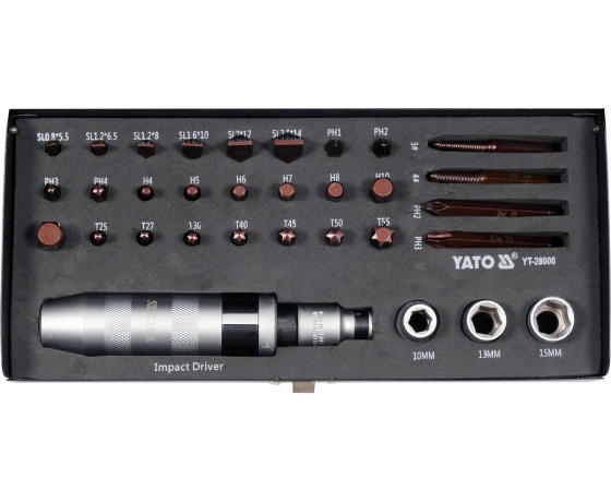 Фото 3 - Викрутка реверсивна ударна  YATO L= 168 мм, з викрутковими насадками і головками, 32 елем. в футлярі