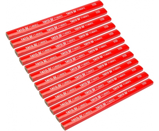 Фото 3 - Олівці столярні з твердістю HB YATO: L= 175х 5х 2 мм. 12 шт, в деревяній червоній оболонці