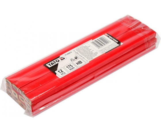 Фото 5 - Олівці столярні з твердістю HB YATO: L= 175х 5х 2 мм. 12 шт, в деревяній червоній оболонці