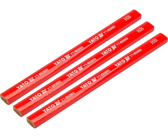 Фото 4 - Олівці столярні з твердістю HB YATO: L= 175х 5х 2 мм. 3 шт, в деревяній червоній оболонці