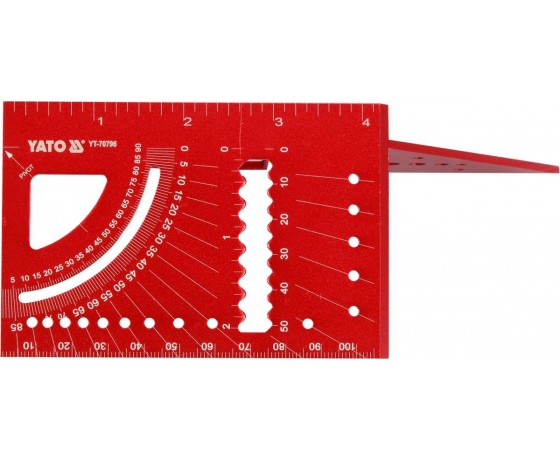 Фото 4 - Кутник алюмінієвий стереометр. 3D YATO 150х 70х 215 мм, 45°, 90° з транспортиром і шаблонами отворів