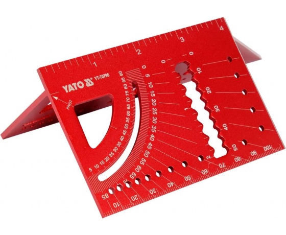 Фото 5 - Кутник алюмінієвий стереометр. 3D YATO 150х 70х 215 мм, 45°, 90° з транспортиром і шаблонами отворів