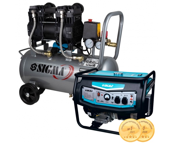 Фото 2 - Набор генератор 3.5/4.0кВт 4-х тактный ручной запуск + компрессор двухцилиндровый безмасляный 1.5кВт SIGMA (57104312)