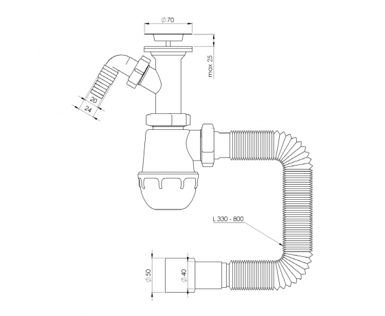 Фото 3 - Сифон для раковины с выпуском из нерж. стали выводом под стир. машину и гибким отводом 1½