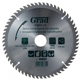 Диск пильный по дереву с твердосплавными напайками 210×32(30;25.4)×60T GRAD (1958375)