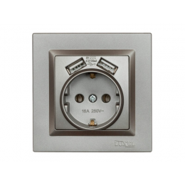 Розетка с заземлением и двумя usb портами 2,1A Luxel JAZZ (9730) Графитовая