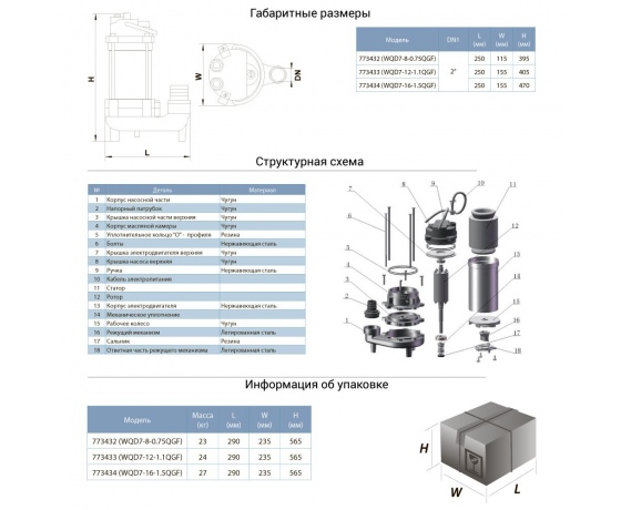 Фото 3 - Насос канализационный 1.5кВт Hmax 19.5м Qmax 350л/мин с ножом (нерж) AQUATICA (773434)