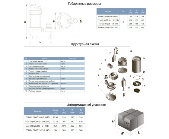 Фото 3 - Насос канализационный 0.55кВт Hmax 12м Qmax 242л/мин (нерж) AQUATICA (773421)